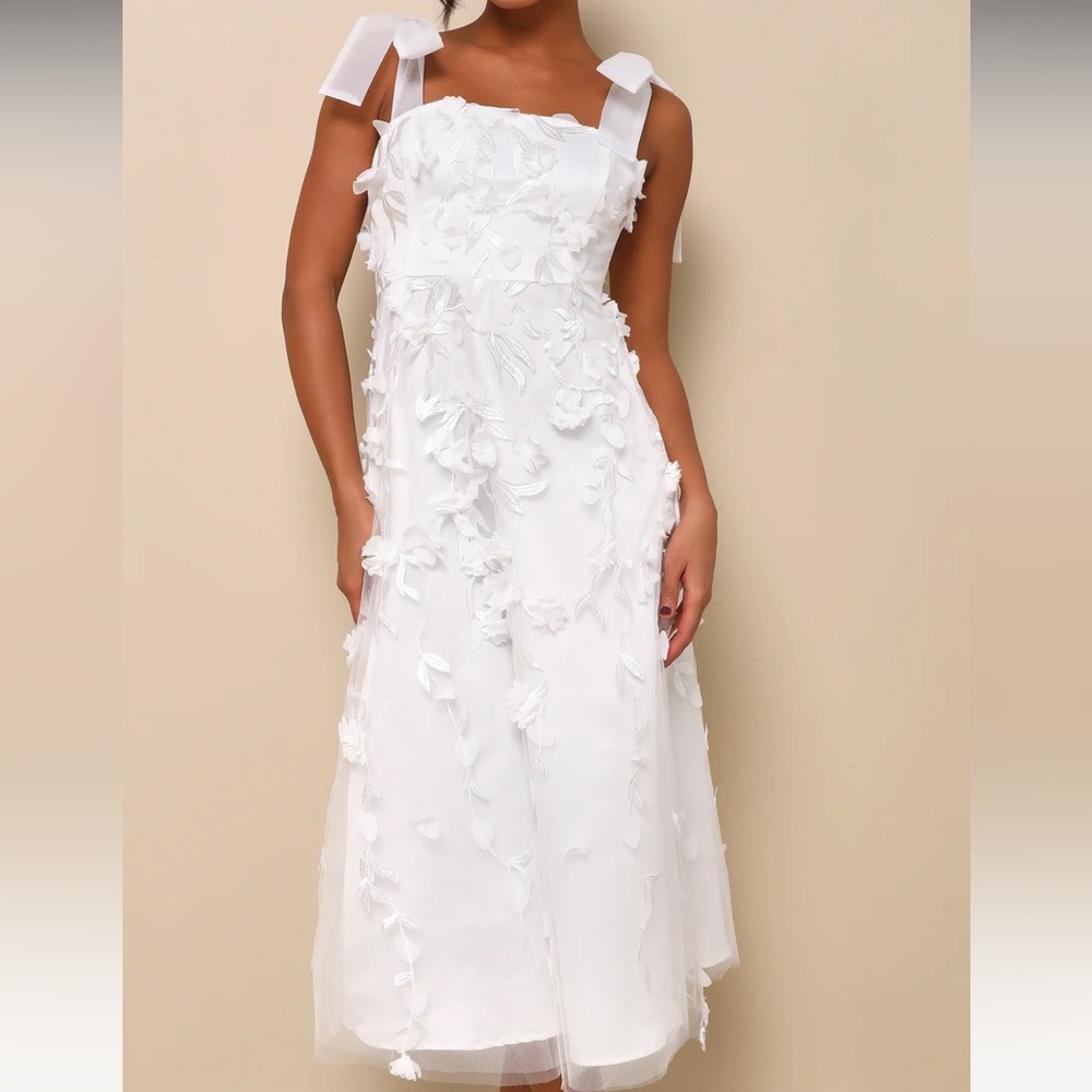 Lulus white floral dress! Great for bridal events.
